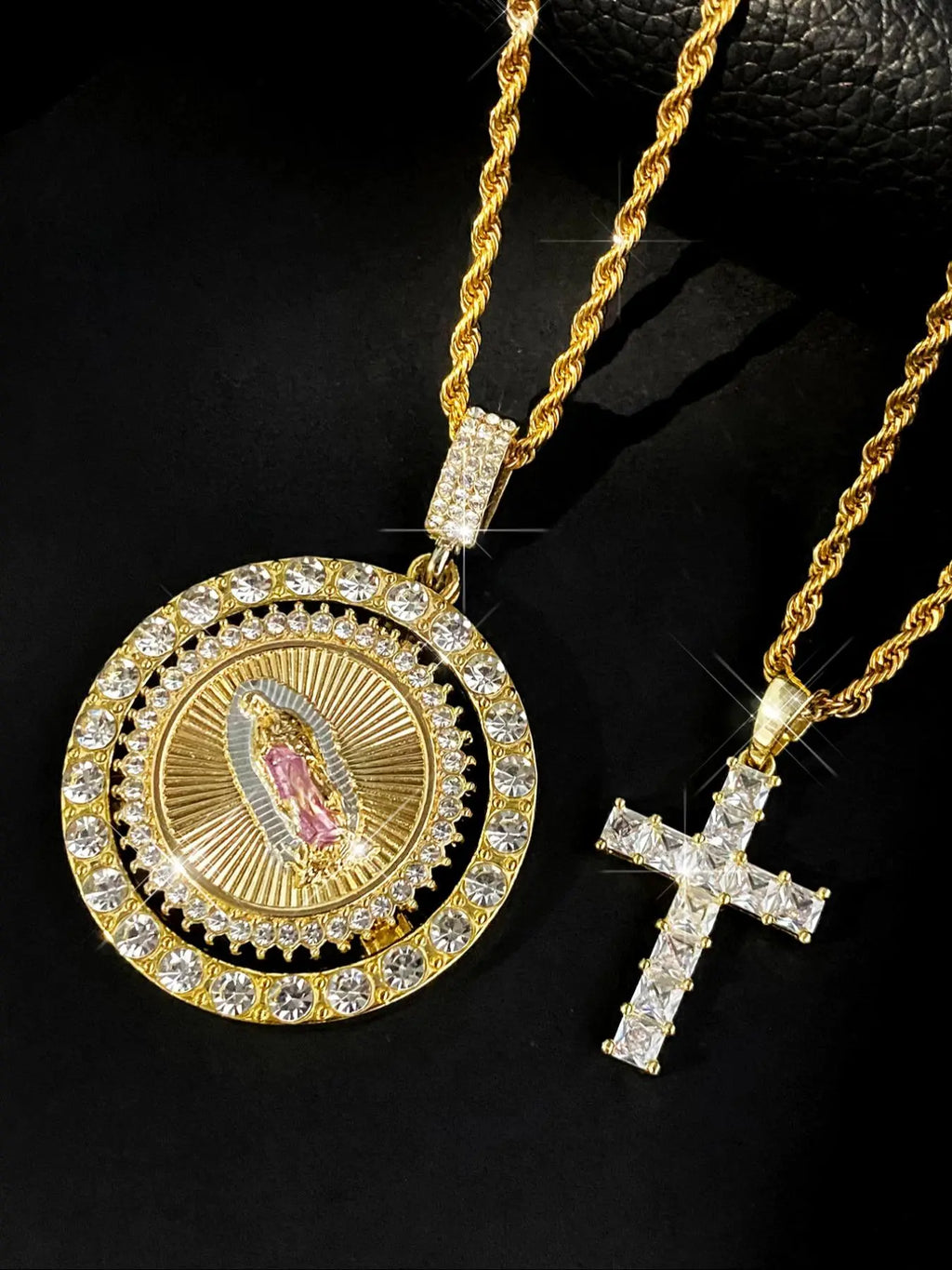 Hip Hop Rhinestone Decorated Virgin Mary & Cross Pendant Necklace Set, Cross Necklaces, Fashion Jewelry, Religious Jewelry, Faith Necklace for Party, Daily Clothing Decor, Trendy All-match & Exquisite Jewelry for Birthday Gift