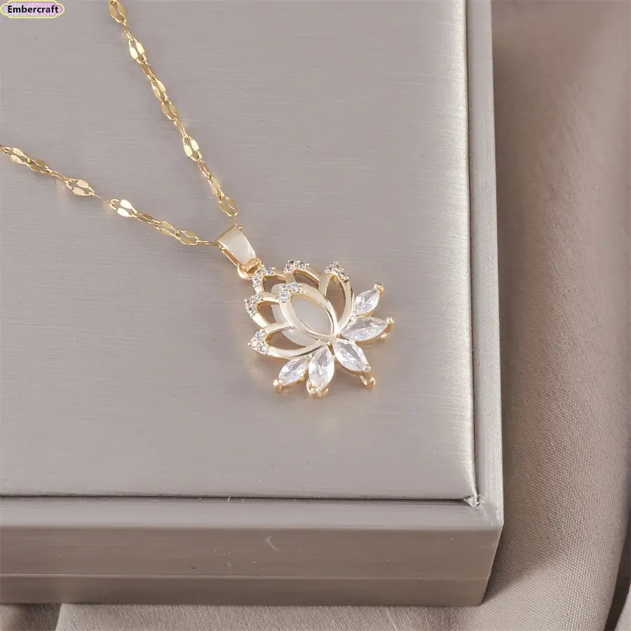 Women's Gold Lotus Pendant Necklace, Cubic Zirconia Flower Charm Jewelry, Minimalist Dainty Accessories for Women, Spiritual Gift for Her, Daily Wear or Special Occasions, Gold Necklace Women