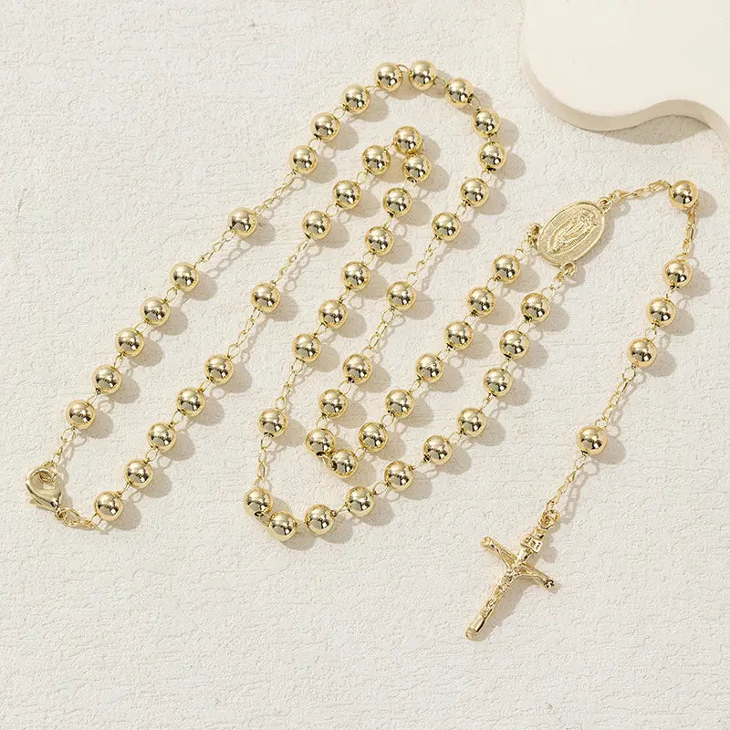 Golden Virgin Mary Cross Clavicle Chain Rosary Necklace Long Necklace