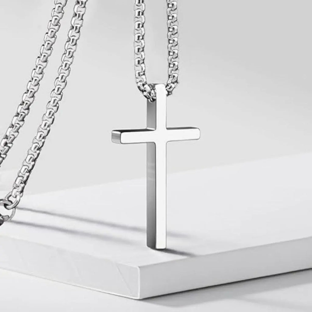 Cross Necklace for Men，Stainless Steel Cross Pendant Silver Black Cross Chain Jewerlry Gifts Box 18 inch,Colar de cruz