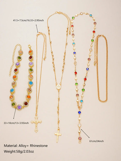5-Piece Necklace Set, Boho Style, Elegant Necklace, Boho Chic Appeal, Floral Pattern, Zinc Alloy Chain, Multi-Layered, Charming Cross Pendants, Perfect for Daily Wear, Beach, Parties, Mother's Day Gift
