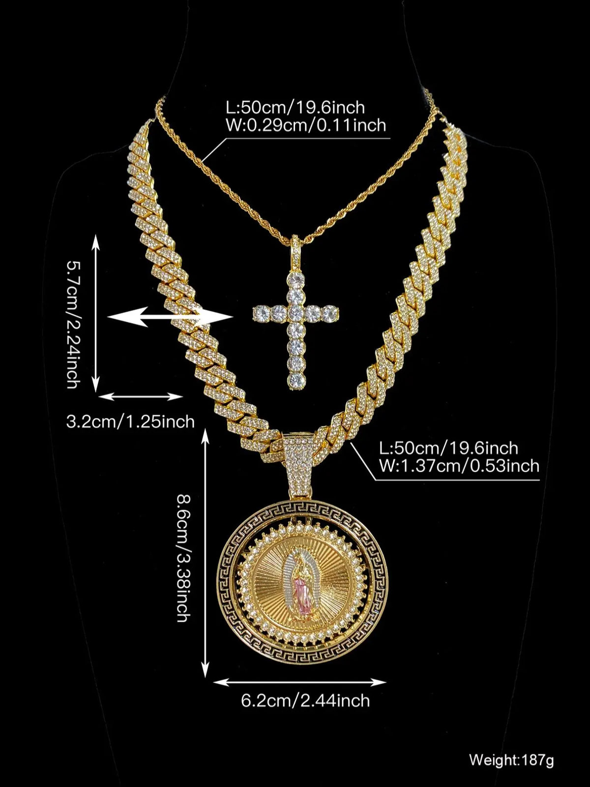 Hip Hop Rhinestone Decorated Virgin Mary & Cross Pendant Necklace Set, Cross Necklaces, Fashion Jewelry, Religious Jewelry, Faith Necklace for Party, Daily Clothing Decor, Trendy All-match & Exquisite Jewelry for Birthday Gift