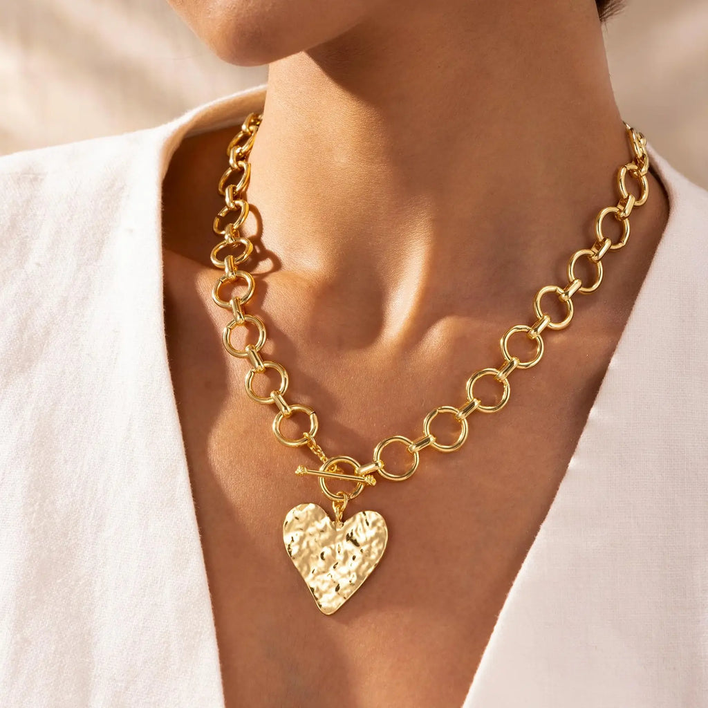 Tewiky Best Gift For Mothers Day Greenish Jewelry Necklaces Valentine's Day Gift Chunky Gold Layered Heart Pendant Bold Chain with Toggle Clasp for Women,Waterproof Hypoallergenic Chunky Statement Jewelry for WomenFashion Jewelry Items Holiday gifts