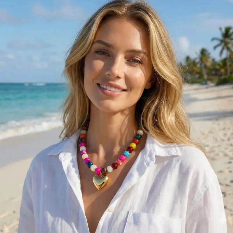 2026 Chunky Heart Necklaces for Women Colorful Resin Beaded Choker Necklace Gold Puffy Heart Statement Necklace Trendy Acrylic Choker Jewelry