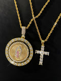 Hip Hop Rhinestone Decorated Virgin Mary & Cross Pendant Necklace Set, Cross Necklaces, Fashion Jewelry, Religious Jewelry, Faith Necklace for Party, Daily Clothing Decor, Trendy All-match & Exquisite Jewelry for Birthday Gift