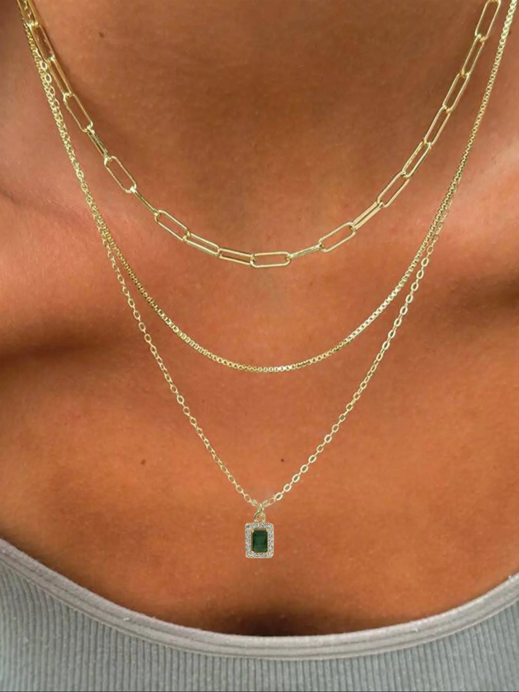 3 Piece Trendy Grid Paperclip Box Chain Necklace Set, Trendy Jewelry, Minimalist Rectangle Pendant with Sparkling Star Artificial Zircon