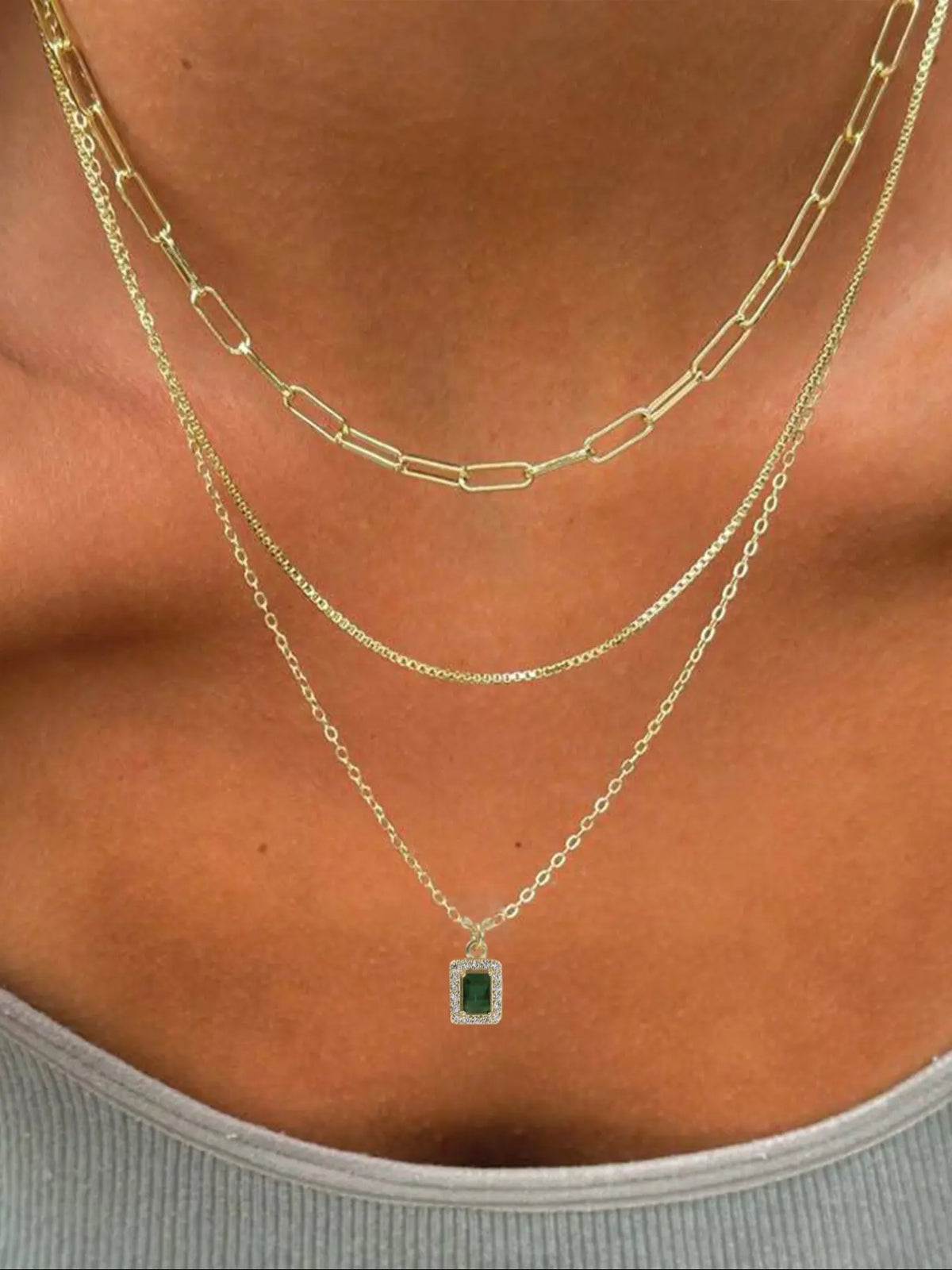 3 Piece Trendy Grid Paperclip Box Chain Necklace Set, Trendy Jewelry, Minimalist Rectangle Pendant with Sparkling Star Artificial Zircon