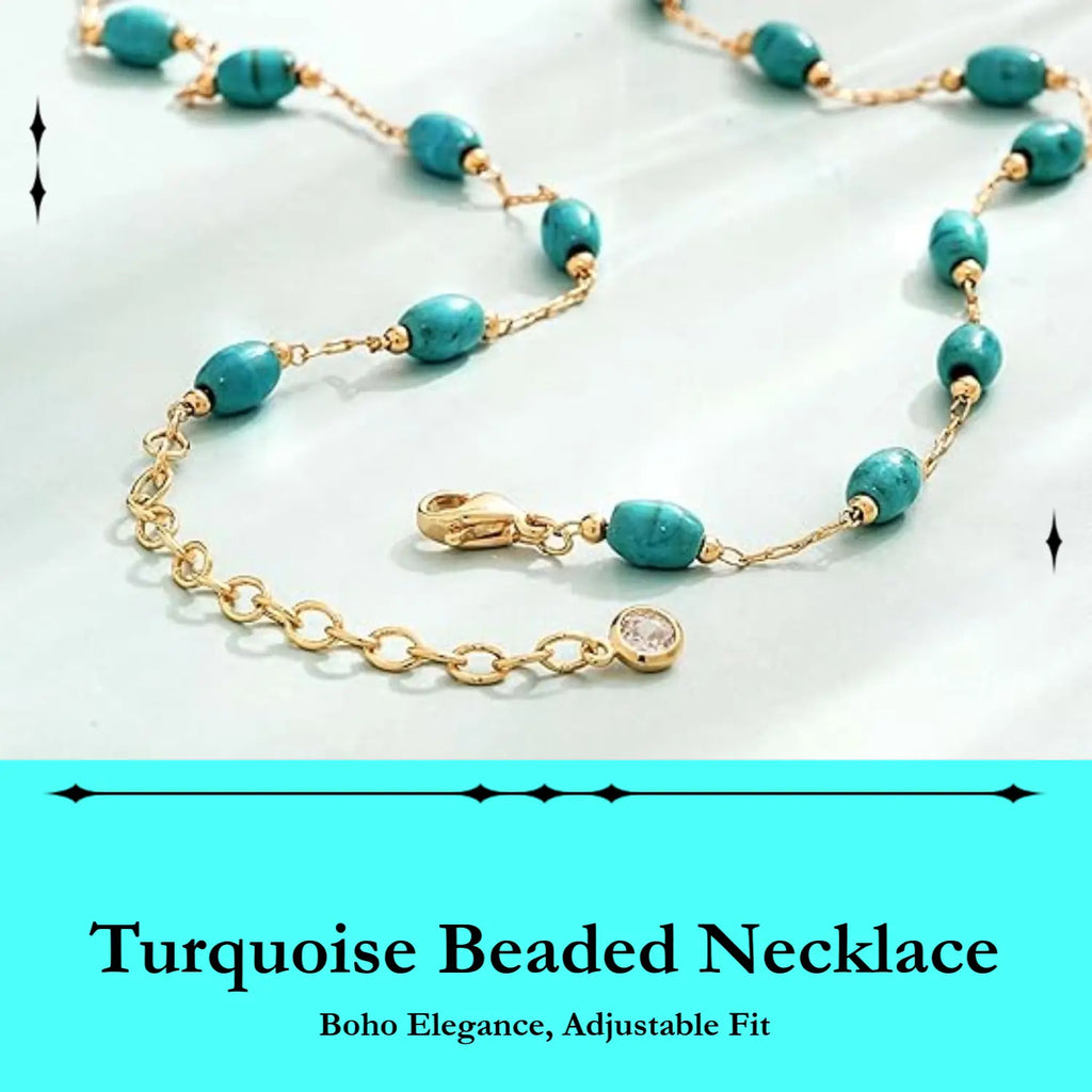 Fettero Turquoise Beaded Gold-Plated Necklace for Women, Brass Chain Necklace, Adjustable Necklace, In Summer Beach Necklaces Boho Necklaces Handmade Western Jewelry Gift for Her DealsForYouDays WeeklyDeals summerwins