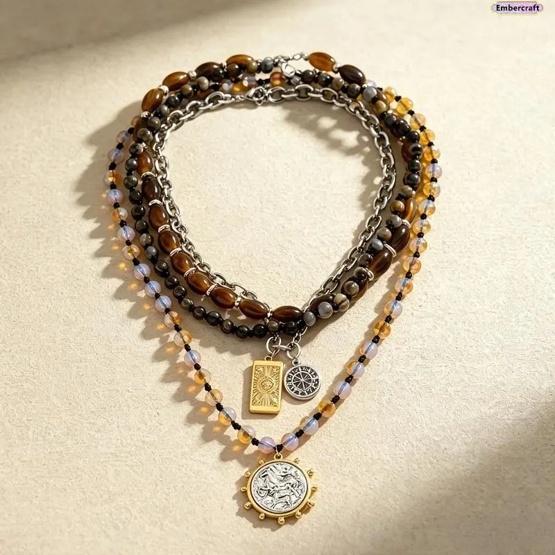 Vintage Boho Layered Necklace for Women, Tiger Eye Beaded Collarbone Chain with Compass Pendant, Stackable Coastal Cowgirl Statement Jewelry, Jewelry For Women, Stylish Accessories