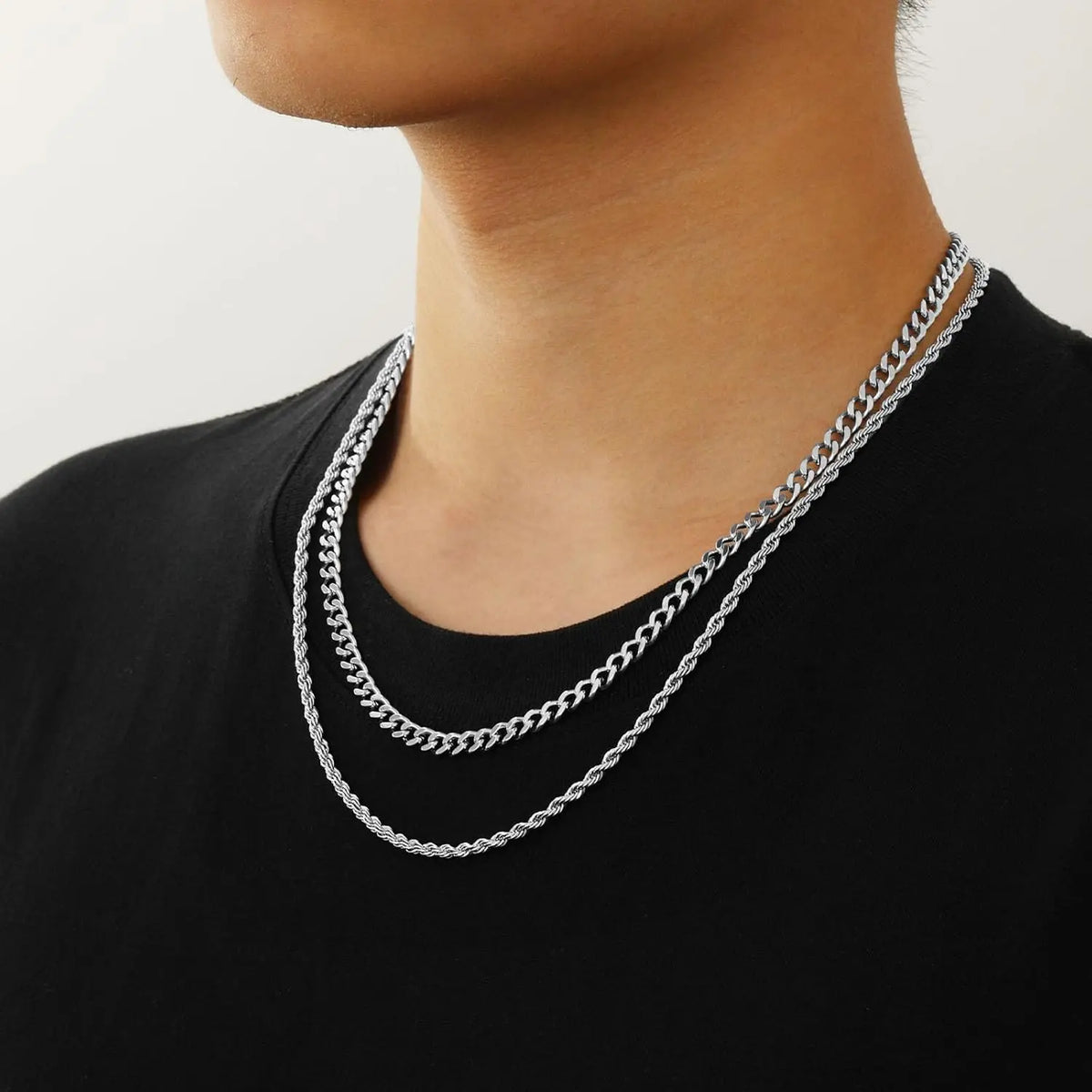 Layered Chain Necklaces for Men, 2Pcs Stainless Steel Cuban Chain/Rope Chain Christmas Jewelry Gifts, 18/20, 20/22, 22/24 Inches