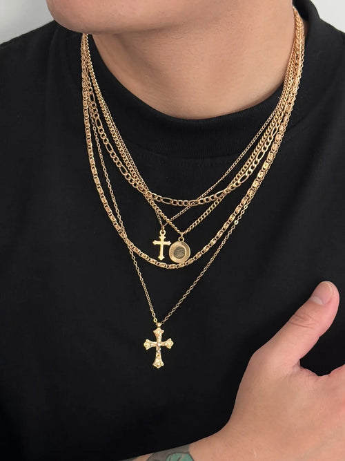 5-Piece Set Multi-Layer Cross Necklace, Chain, Men's Hip-Hop Style Layered Necklaces, Unisex Versatile Collarbone Chains, Cross Charm Necklace, Alloy Necklace, Cross Chain Design