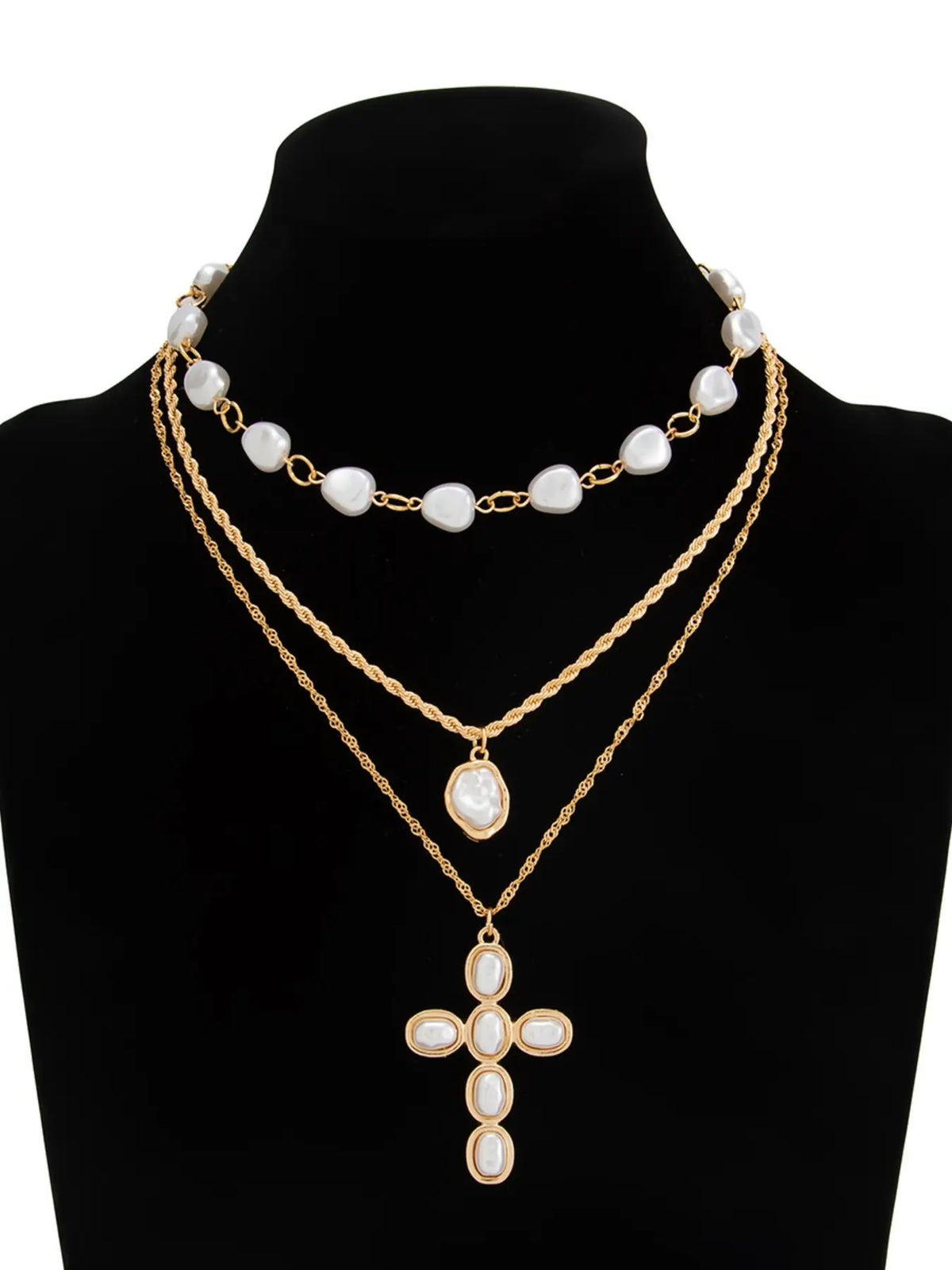 Women's Baroque Imitation Pearl Necklace Set, Vintage Cross Pendant Alloy Jewelry, All-Season Elegant Accessory, Accessories Set, Alloy Material, Costume Necklaces