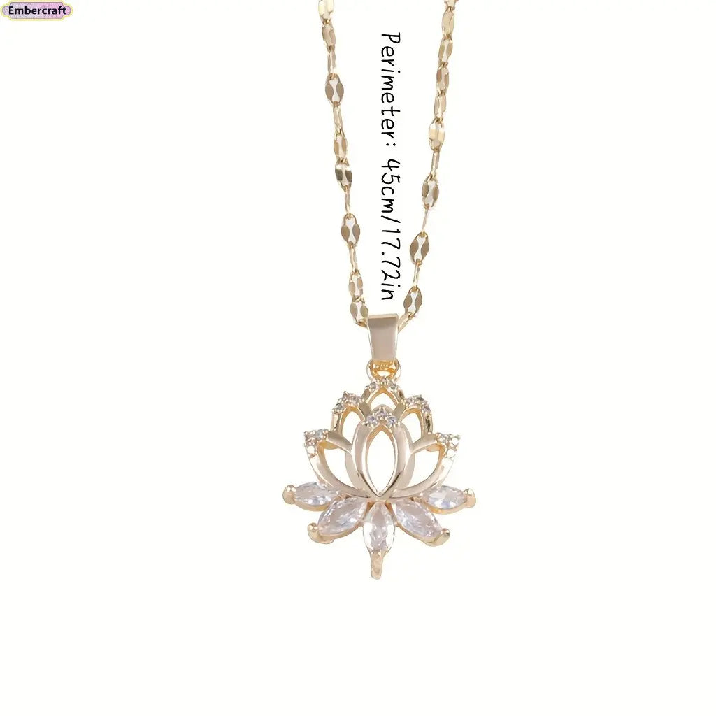 Women's Gold Lotus Pendant Necklace, Cubic Zirconia Flower Charm Jewelry, Minimalist Dainty Accessories for Women, Spiritual Gift for Her, Daily Wear or Special Occasions, Gold Necklace Women