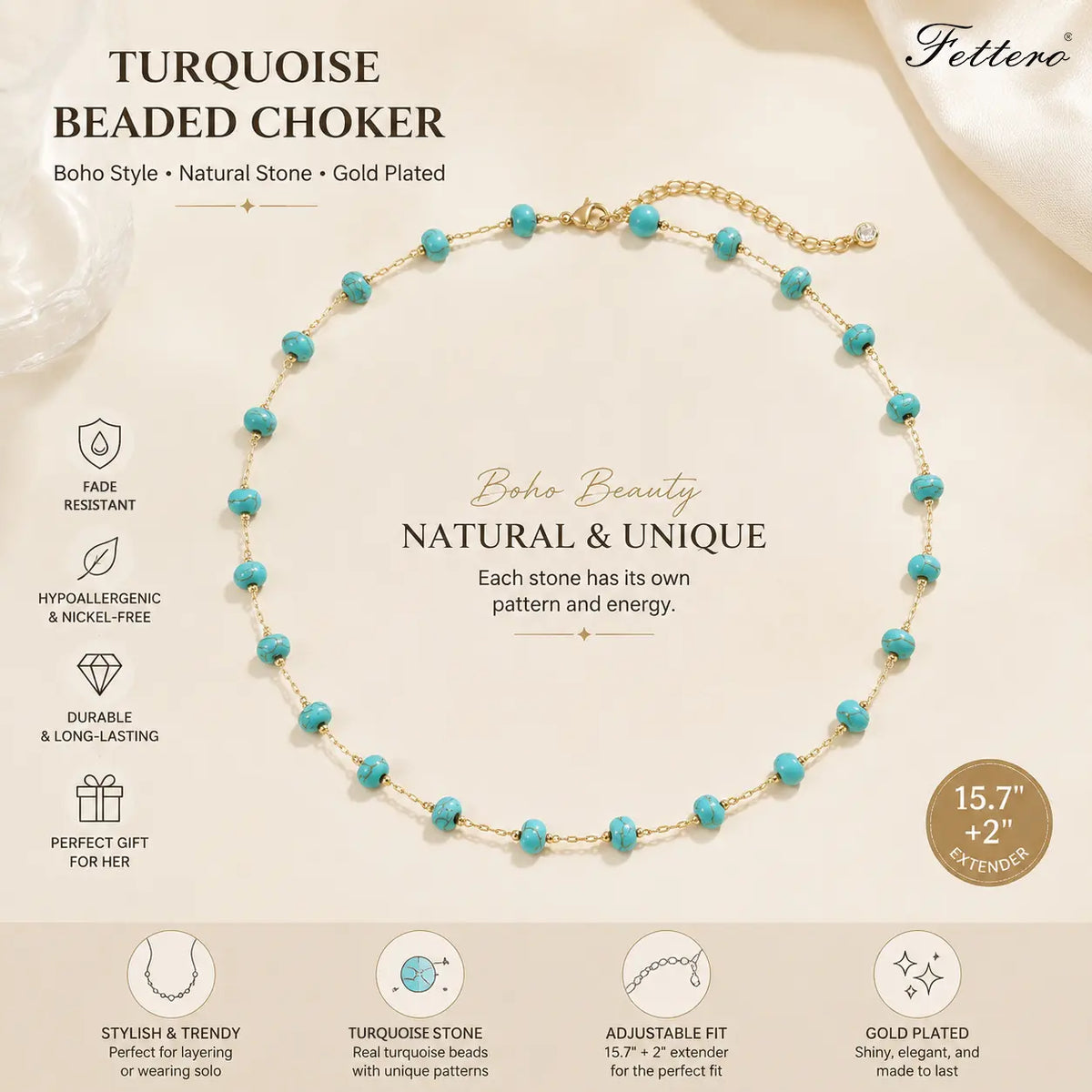 Fettero Turquoise Beaded Gold-Plated Necklace for Women, Brass Chain Necklace, Adjustable Necklace, In Summer Beach Necklaces Boho Necklaces Handmade Western Jewelry Gift for Her DealsForYouDays WeeklyDeals summerwins