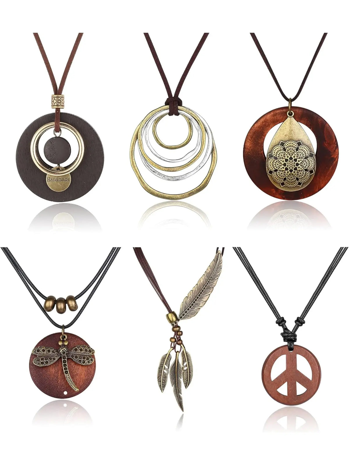 6Pcs Long Pendant Necklaces for Women Boho Style Necklace Vintage Wood Fall Sweater Necklaces Set, Necklace Gift, Statement Feather Peace Sign Y Necklace Hippie Handmade Chain Jewelry Accessories