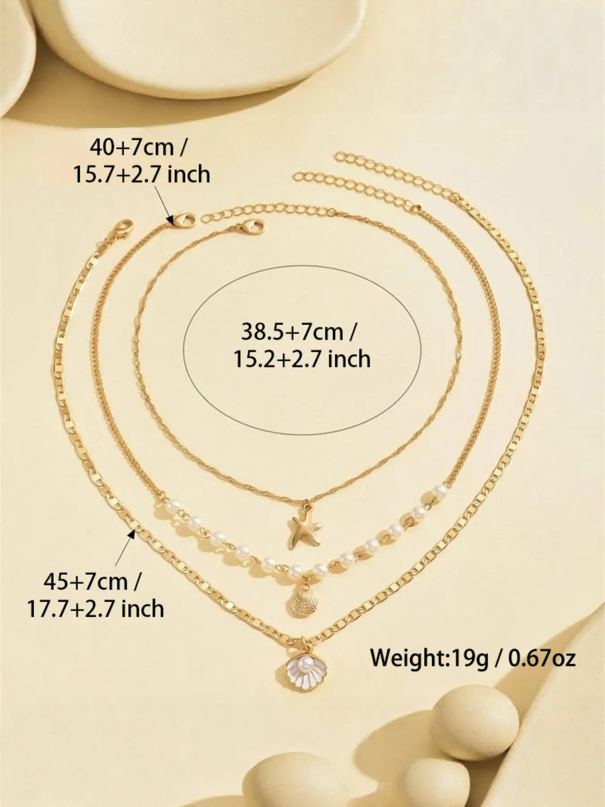 3pcs Boho Layered Shell & Starfish Necklace Set, Boho Style Necklace, Cuban Link Design Necklace, Ocean Theme Necklaces with Imitation Pearls, Summer Beach Jewelry for Women