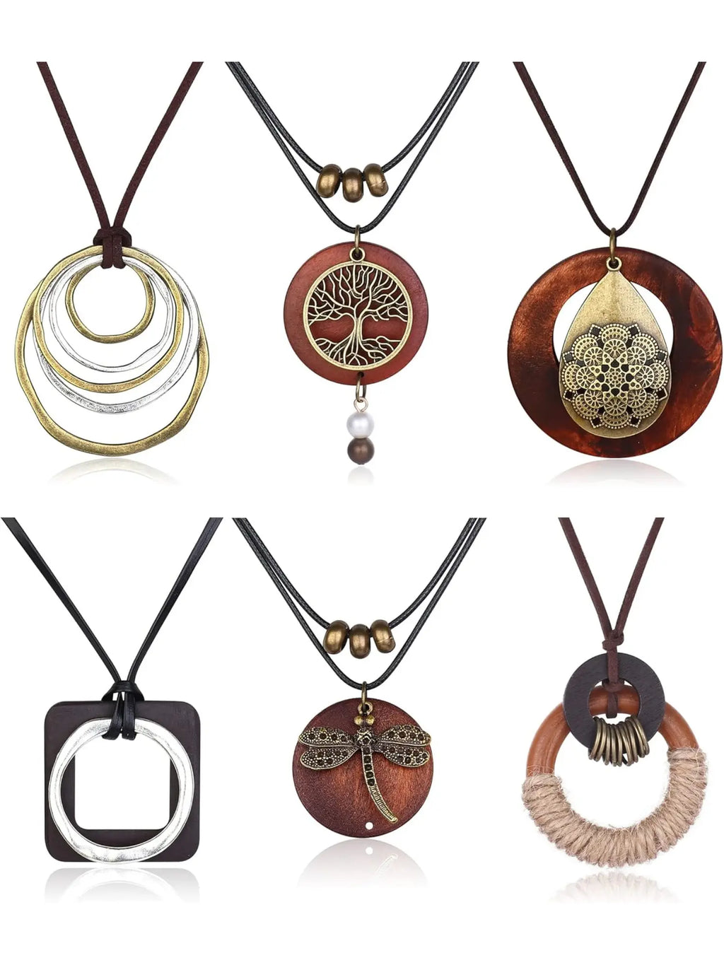 6Pcs Long Pendant Necklaces for Women Boho Style Necklace Vintage Wood Fall Sweater Necklaces Set, Necklace Gift, Statement Feather Peace Sign Y Necklace Hippie Handmade Chain Jewelry Accessories