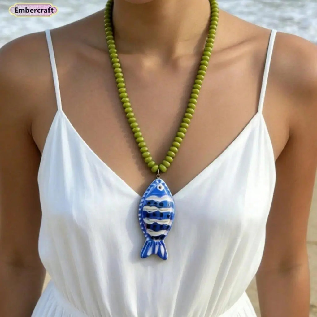 Dopamine Tropical Fish Beaded Necklace - Colorful Handmade Animal Pendant, Summer Beach Aesthetic Jewelry, Boho Mixed Seed Bead Choker for Hawaii Vacation, Fun Y2K Statement Gift for Her,summeroutfits,vacationoutfits,beachoutfits