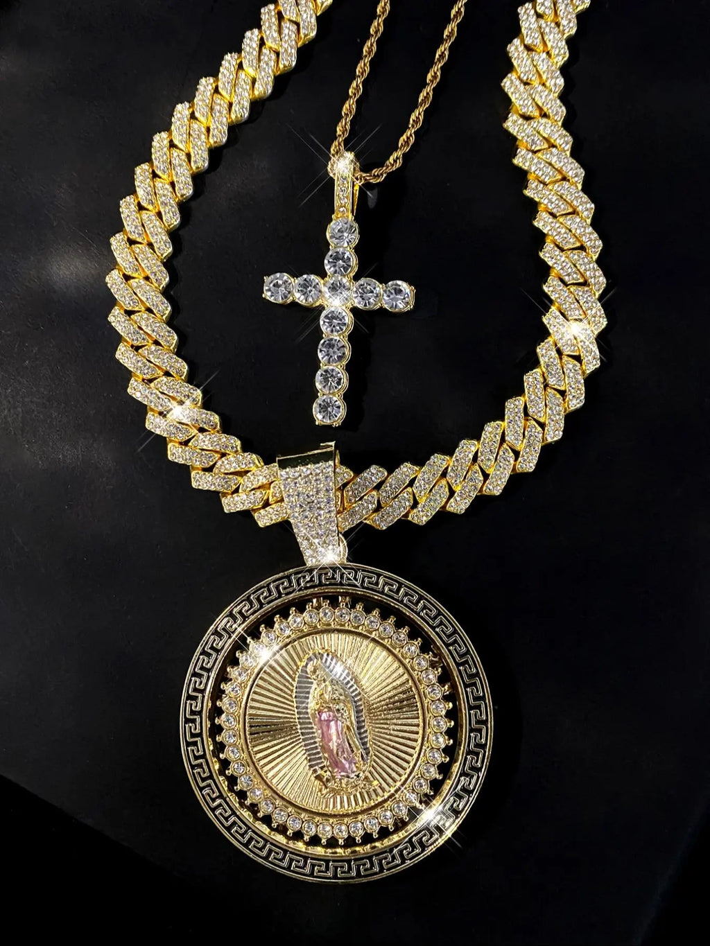 Hip Hop Rhinestone Decorated Virgin Mary & Cross Pendant Necklace Set, Cross Necklaces, Fashion Jewelry, Religious Jewelry, Faith Necklace for Party, Daily Clothing Decor, Trendy All-match & Exquisite Jewelry for Birthday Gift