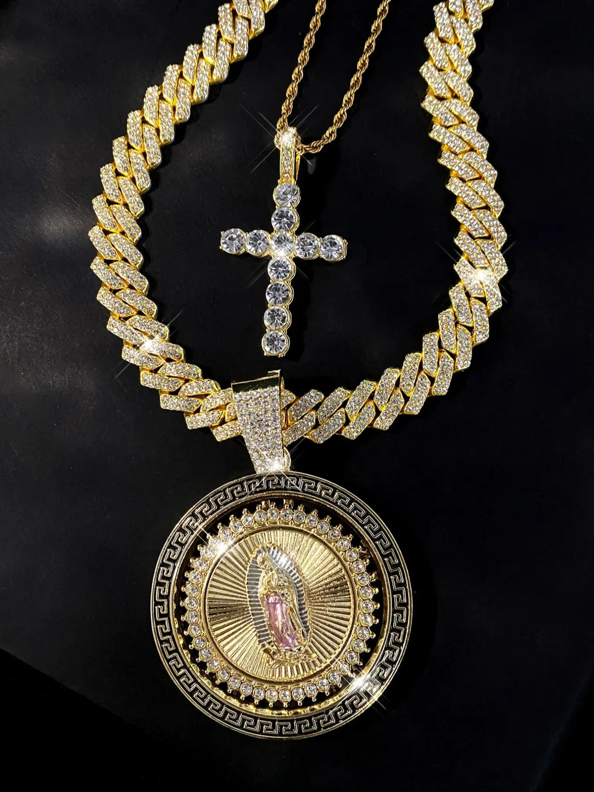 Hip Hop Rhinestone Decorated Virgin Mary & Cross Pendant Necklace Set, Cross Necklaces, Fashion Jewelry, Religious Jewelry, Faith Necklace for Party, Daily Clothing Decor, Trendy All-match & Exquisite Jewelry for Birthday Gift