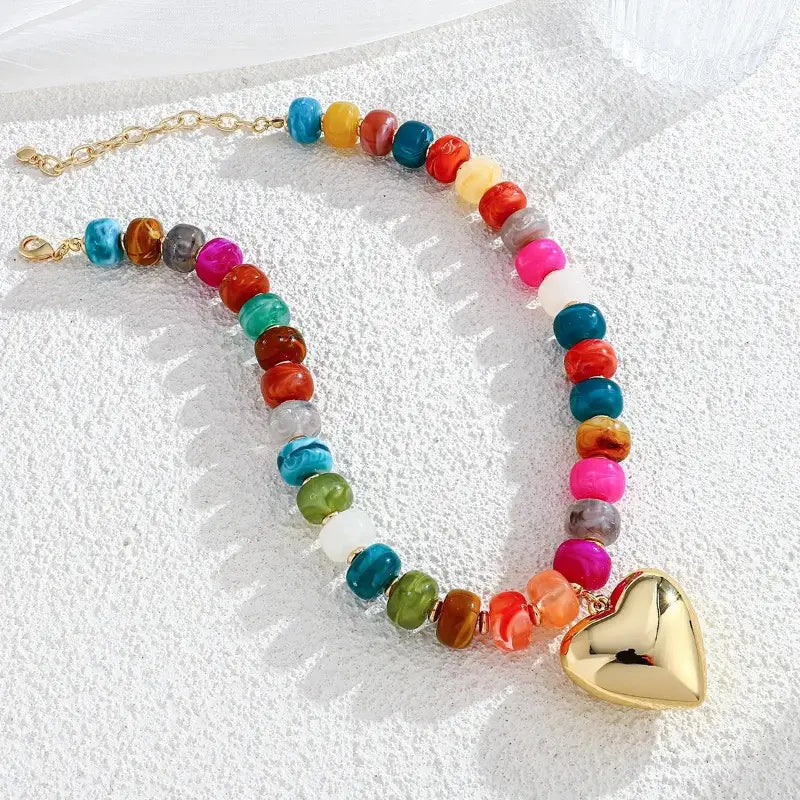 2026 Chunky Heart Necklaces for Women Colorful Resin Beaded Choker Necklace Gold Puffy Heart Statement Necklace Trendy Acrylic Choker Jewelry
