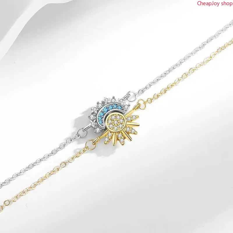 2pcs Sun Moon Bracelet Set Stackable Sparkling Gold Sun Ring & Blue Moon Bracelet for Couples Ideal Friendship Gift Versatile Stylish Accessory