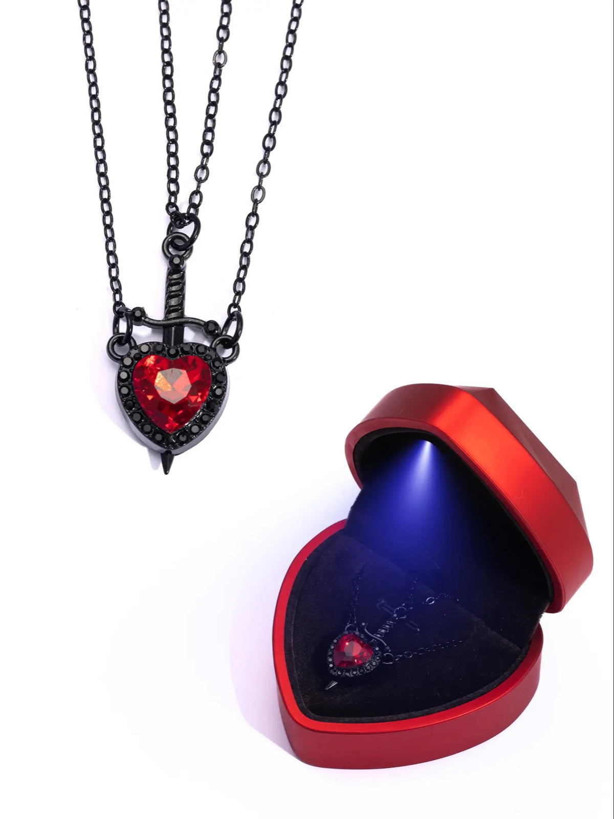 2pcs Heart and Sword Necklace Set, Love Heart Necklace, Amour Heart Necklace, Unique Couple's Jewelry, Fashionable Jewelry Accessories, Silver Color, Durable Fashion Accessory, Birthday Gift Jewelry, Perfect for Weddings & Parties, Includes Rose Box
