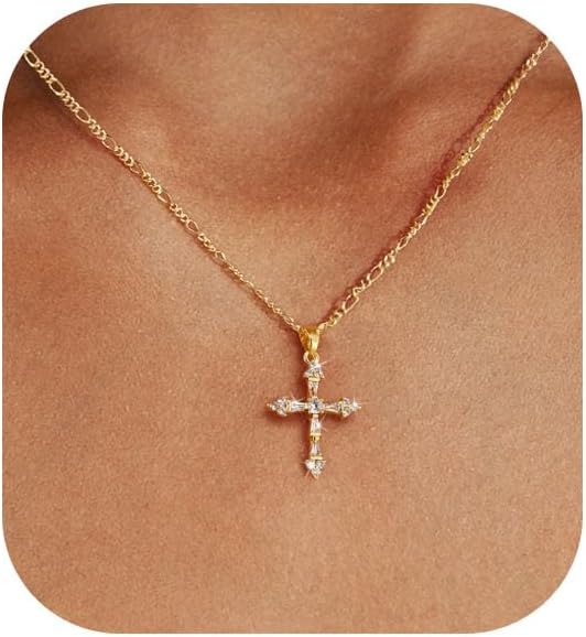 Cross Necklace for Women,Double Cross Necklace 14K Gold Plated Cross Pendant Necklace Dainty Gold Cross Necklaces for Women Trendy Small Cross Charm Necklace Simple Cute Choker Necklaces Gold Jewery