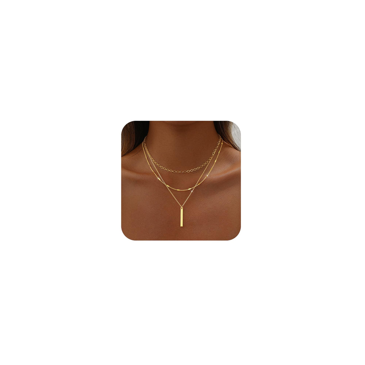 Gold Necklace for Women 14K Gold Plated Layered Cross Bar Necklace Herringbone Figaro Paperclip Flat Chain Cute Charm Accessories Non Tarnish Jewelry Set Gifts for Women