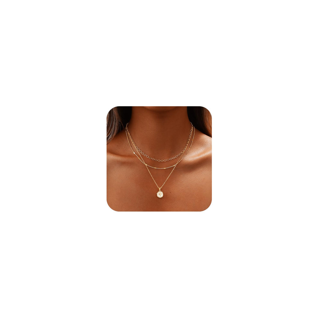 Gold Necklace for Women 14K Gold Plated Layered Cross Bar Necklace Herringbone Figaro Paperclip Flat Chain Cute Charm Accessories Non Tarnish Jewelry Set Gifts for Women