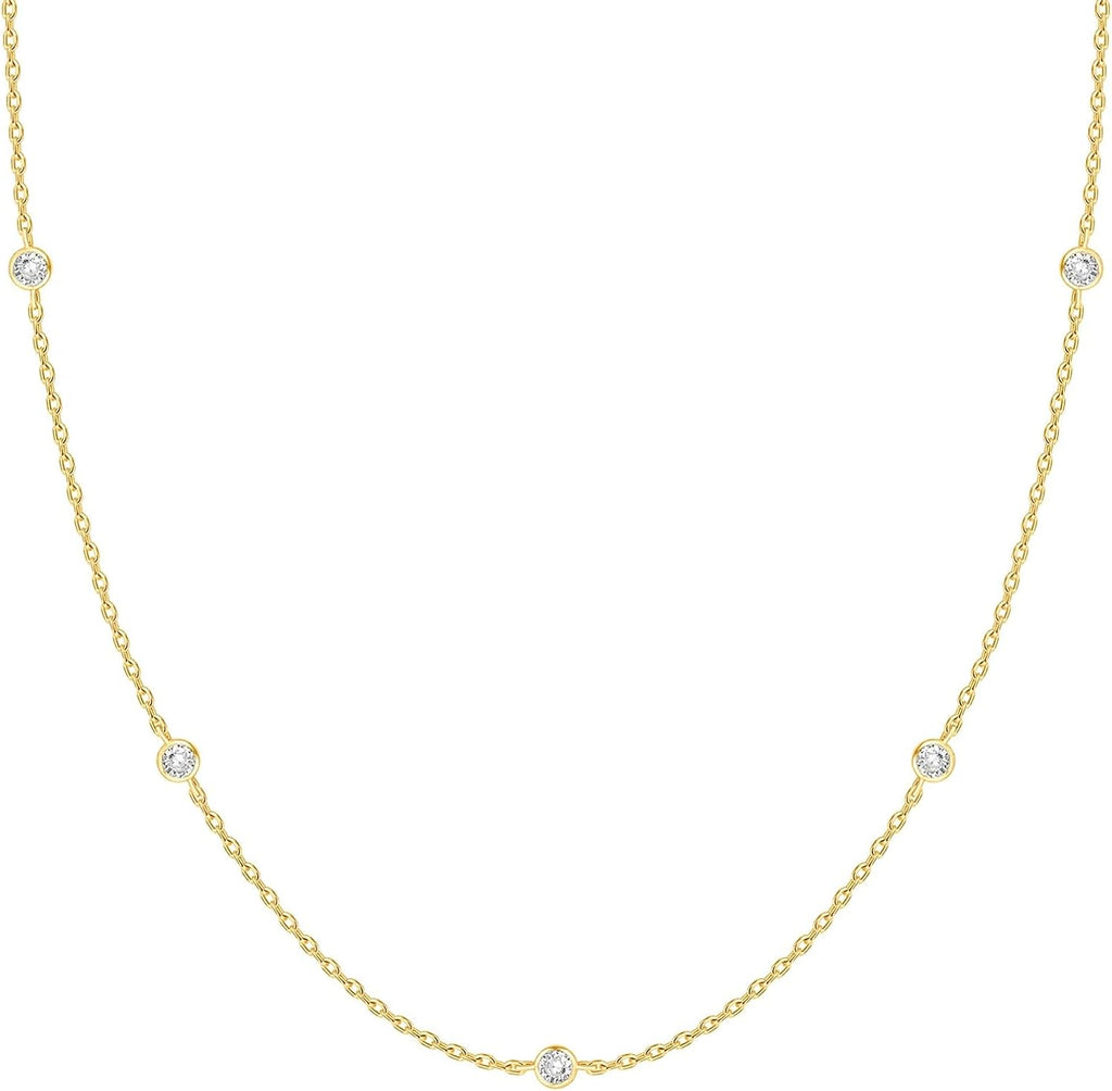 PAVOI 14K Gold Plated Station Necklace - Simulated Diamond Layering Necklaces - Womens CZ Chain