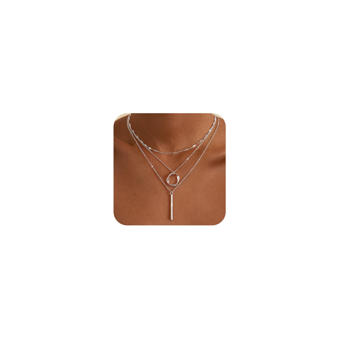 Cuzmly Layered Silver Necklaces for Women, Sterling Silver Stackable Stack Choker Necklaces for Women Trendy Layering Circle Pendant Chain Necklace Set Jewelry for Women