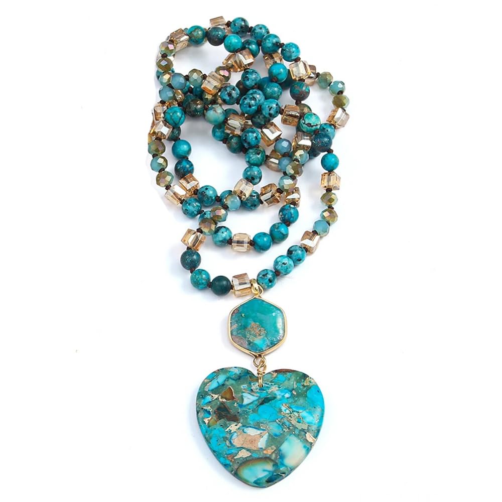 Yomisa Boho Necklaces for Women Men Long,33/34/35 Inch Natural Turquoise Tiger Eye Beaded Stone Pendant Necklaces for Women Trendy,Handmade Bohemian Western Bead Necklace Fashion Charm Jewelry Gift