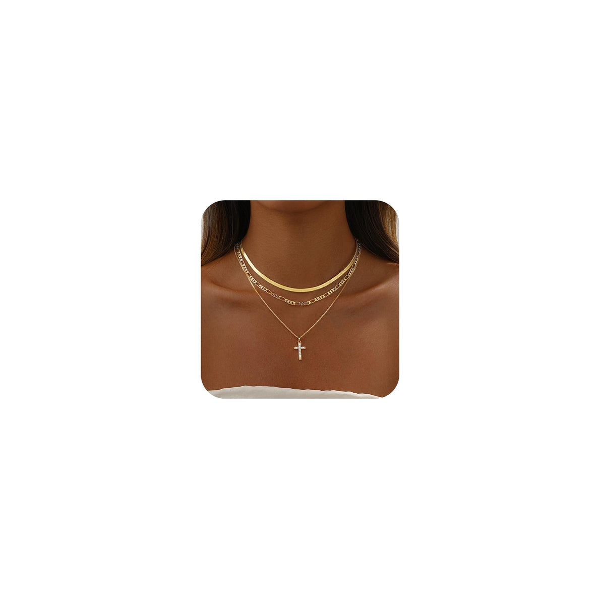 Gold Necklace for Women 14K Gold Plated Layered Cross Bar Necklace Herringbone Figaro Paperclip Flat Chain Cute Charm Accessories Non Tarnish Jewelry Set Gifts for Women