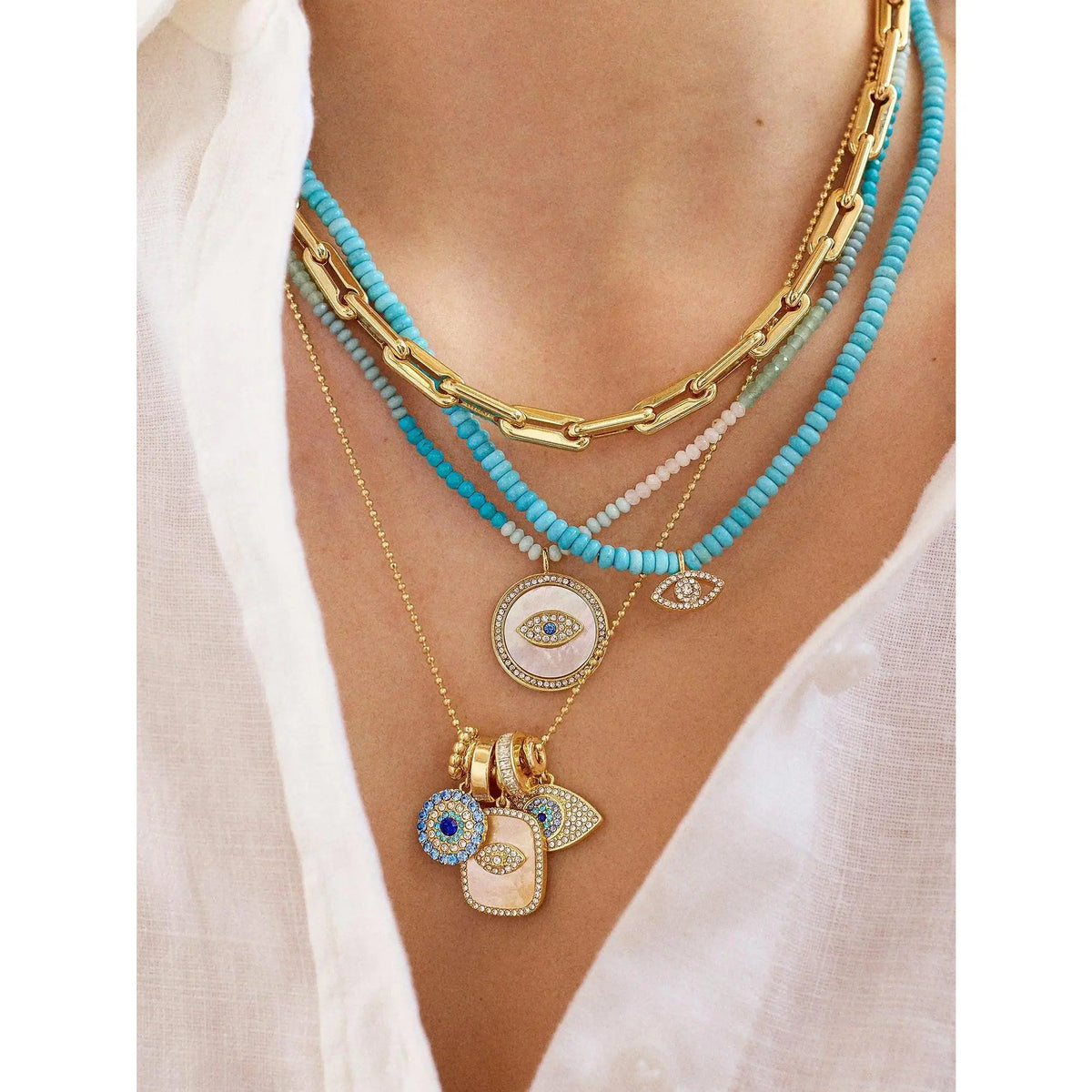 Women's Turquoise Evil Eye Gingham Charm Necklace - Female Beaded Business Jewelry with Durable Chain-Link Pendant for Daily Wear