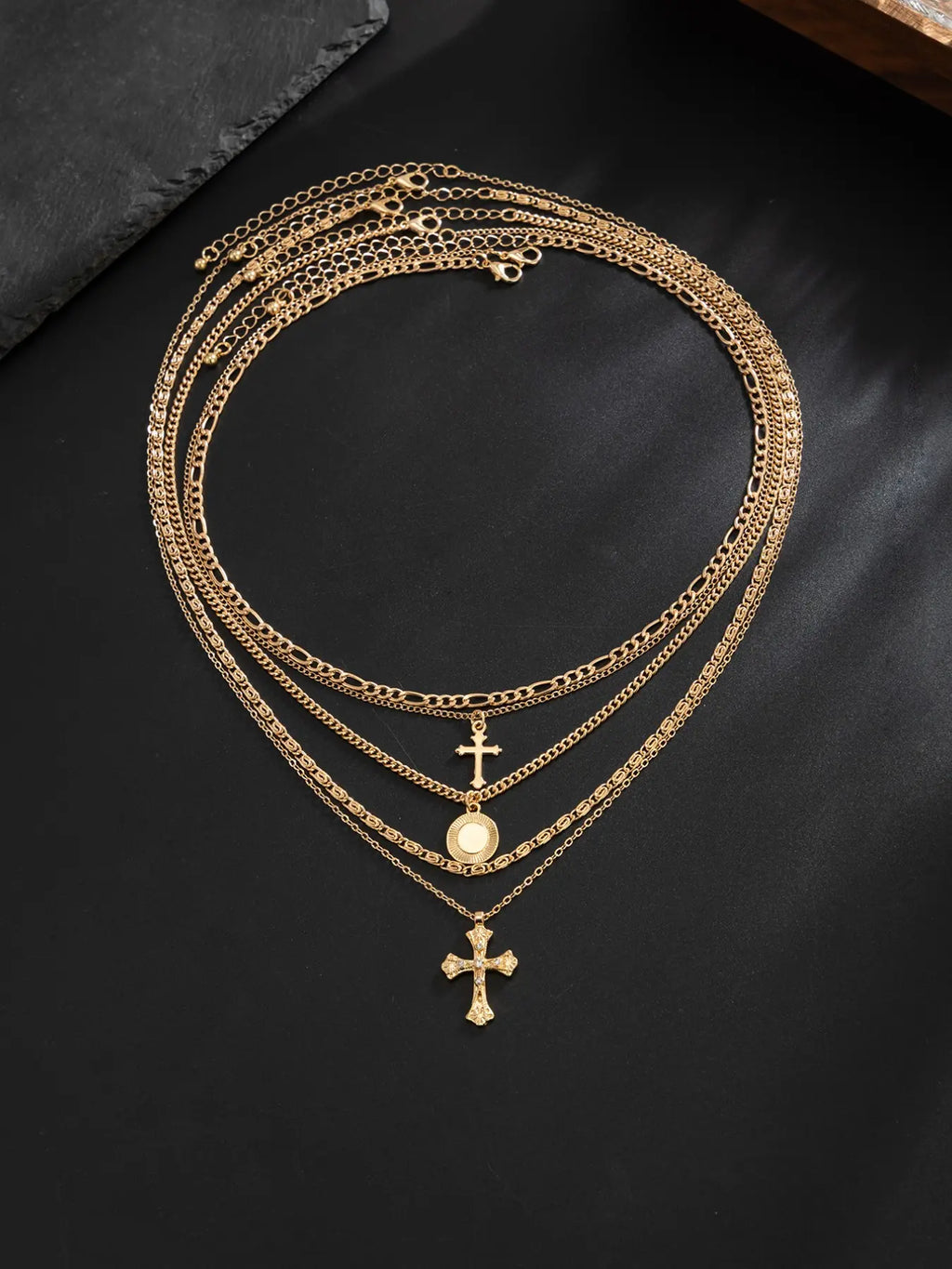 5-Piece Set Multi-Layer Cross Necklace, Chain, Men's Hip-Hop Style Layered Necklaces, Unisex Versatile Collarbone Chains, Cross Charm Necklace, Alloy Necklace, Cross Chain Design