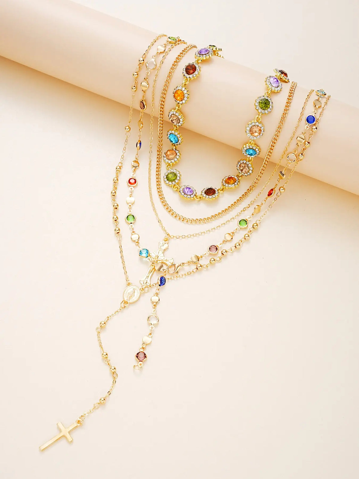 5-Piece Necklace Set, Boho Style, Elegant Necklace, Boho Chic Appeal, Floral Pattern, Zinc Alloy Chain, Multi-Layered, Charming Cross Pendants, Perfect for Daily Wear, Beach, Parties, Mother's Day Gift