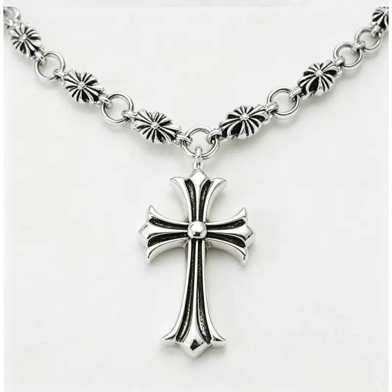 Vintage Cross Pendant Necklace, Unisex Silver Stainless Steel Chain, Trendy Y2K Street Style Jewelry for Men Women