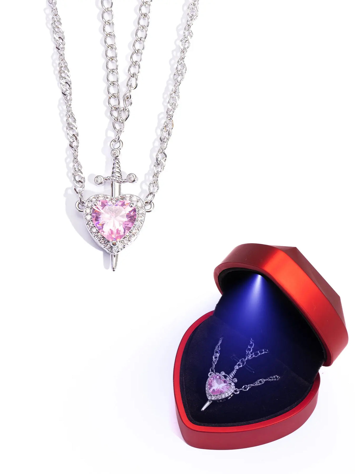 2pcs Heart and Sword Necklace Set, Love Heart Necklace, Amour Heart Necklace, Unique Couple's Jewelry, Fashionable Jewelry Accessories, Silver Color, Durable Fashion Accessory, Birthday Gift Jewelry, Perfect for Weddings & Parties, Includes Rose Box