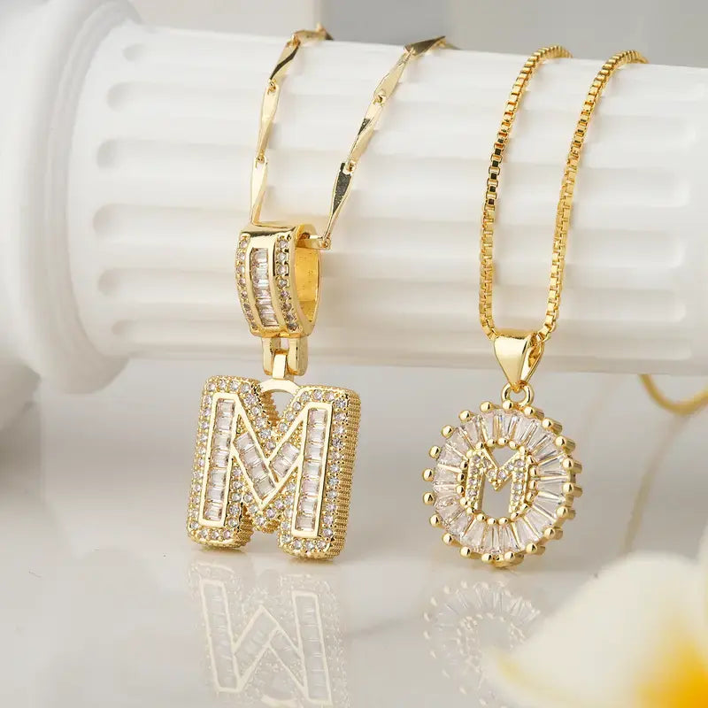 Women's Dainty Gold Embellished Layered Gold-Tone Initial Necklaces - 2-Piece Zirconia Pendant Alphabet Set (26 Letters) Long Chain Jewelry for Women, Personalized Custom Birthday Valentine's Day Gifts, Gold Embellished Necklaces