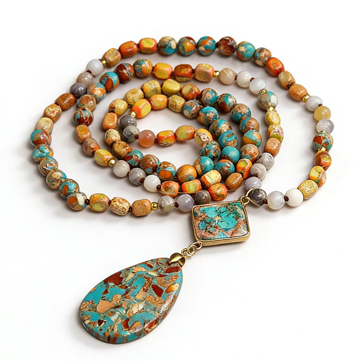 Yomisa Boho Necklaces for Women Men Long,33/34/35 Inch Natural Turquoise Tiger Eye Beaded Stone Pendant Necklaces for Women Trendy,Handmade Bohemian Western Bead Necklace Fashion Charm Jewelry Gift
