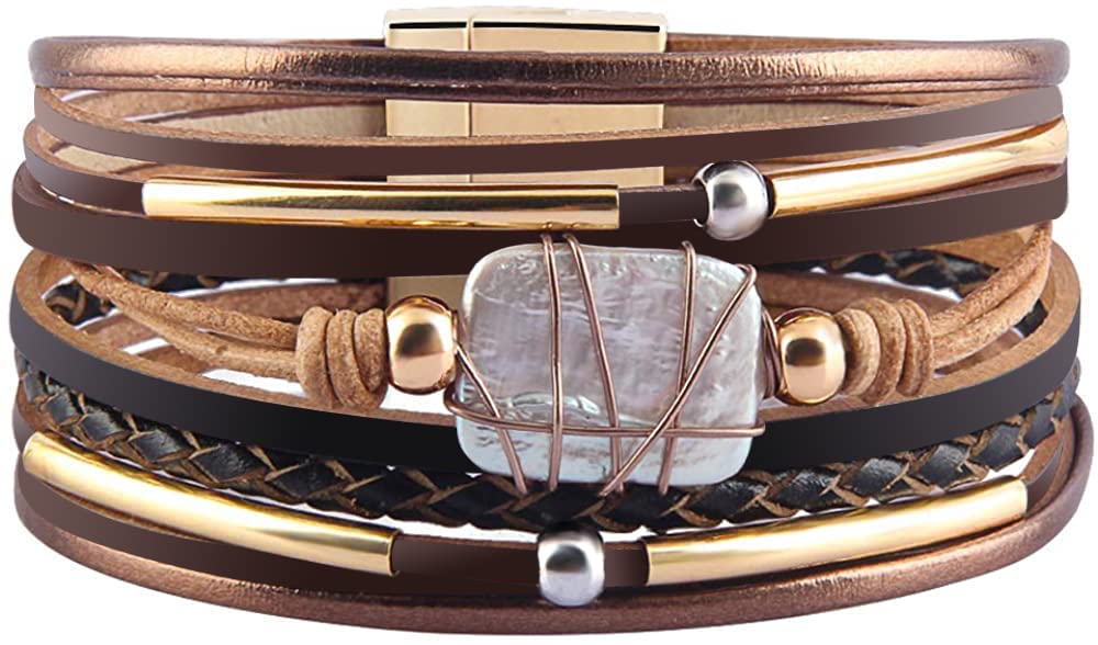 Fesciory Leopard Bracelet for Women, Boho Leather Wrap Multi-Layer Pearl Crystal Bracelet Bangle Jewelry