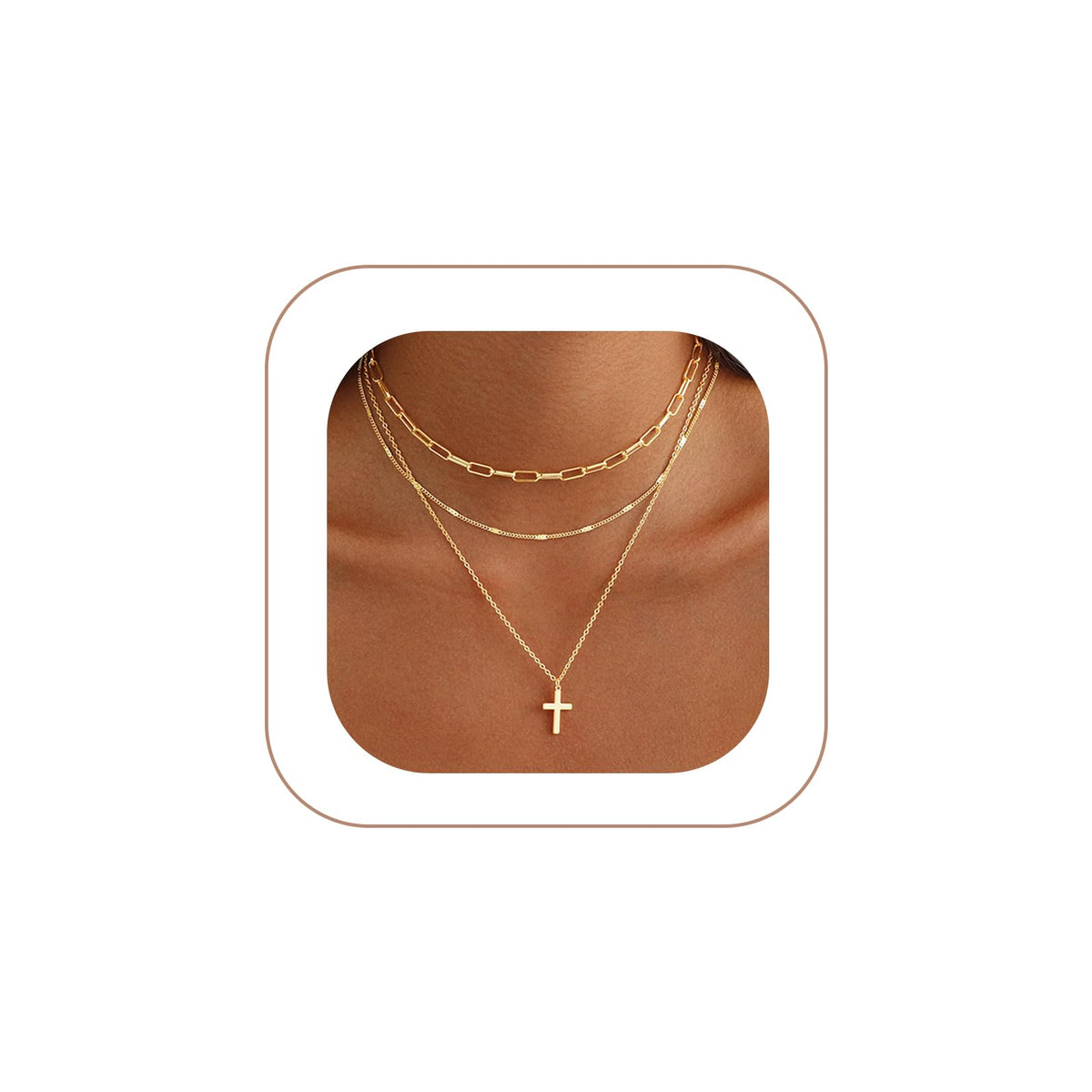 Gold Necklace for Women 14K Gold Plated Layered Cross Bar Necklace Herringbone Figaro Paperclip Flat Chain Cute Charm Accessories Non Tarnish Jewelry Set Gifts for Women