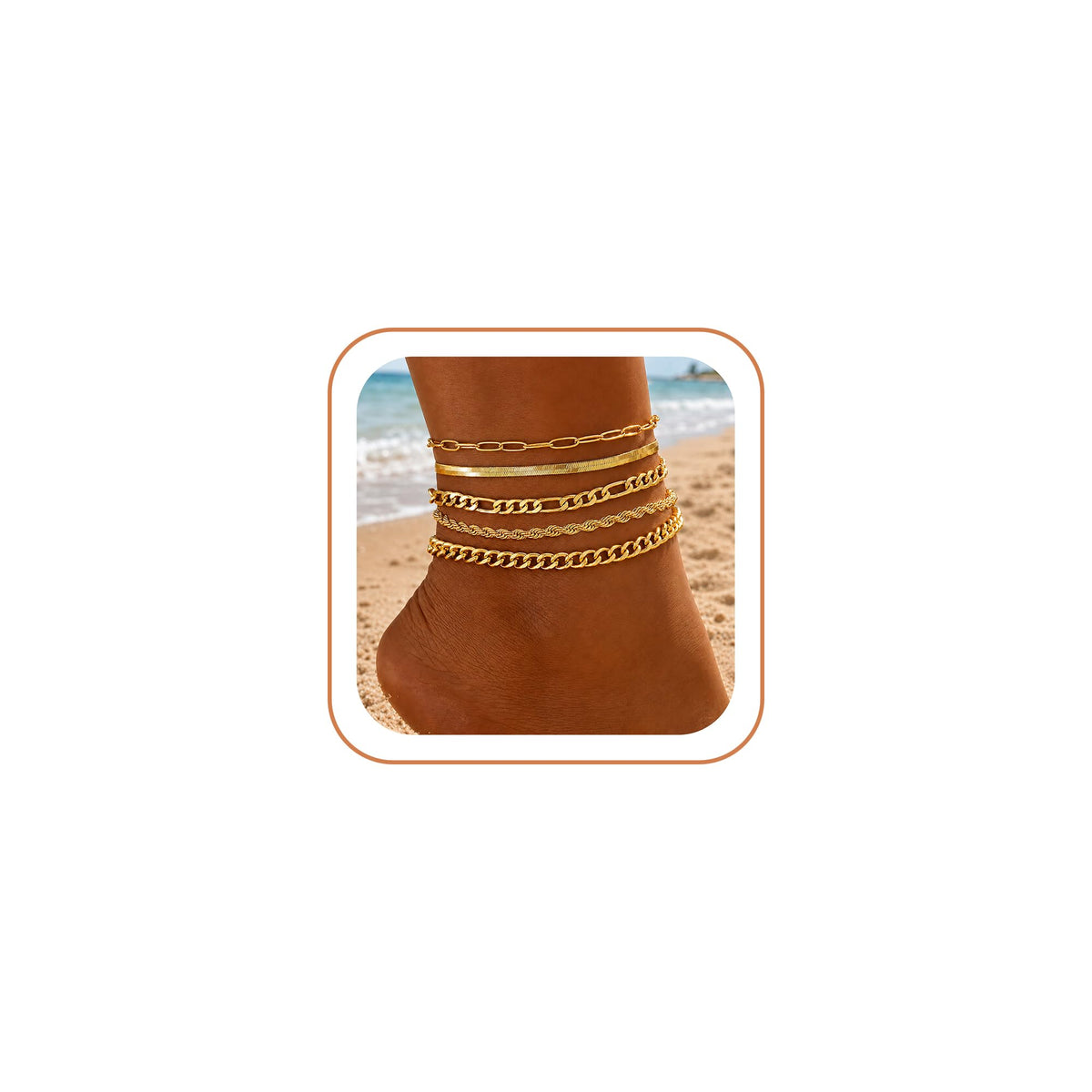 iF YOU Gold Ankle Bracelets for Women, 14k Gold Plated Waterproof Cuban Link Chain Anklets Set, Layered Anklet Bracelets for Women Beach Gift Adjustable Size 5pcs
