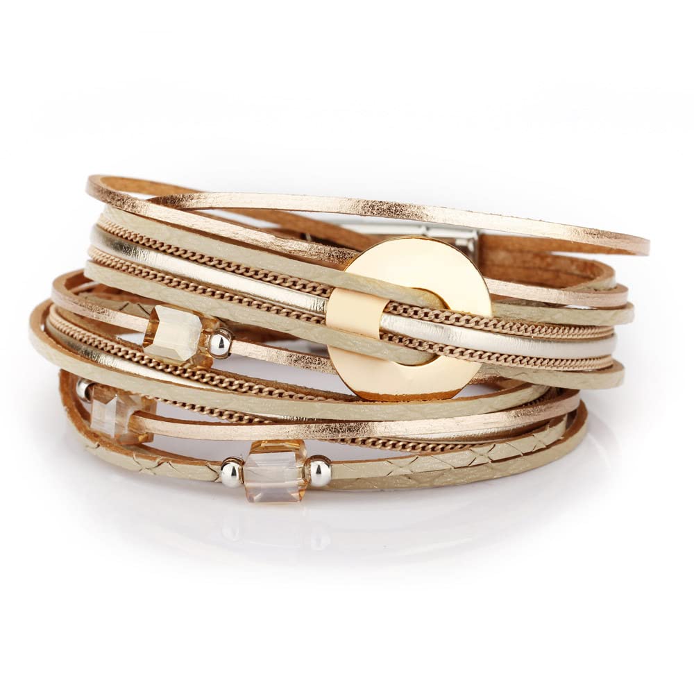 Fesciory Leather Wrap Bracelets for Women, Boho Leopard Multi-Layer Crystal Beads Cuff Bracelet Jewelry