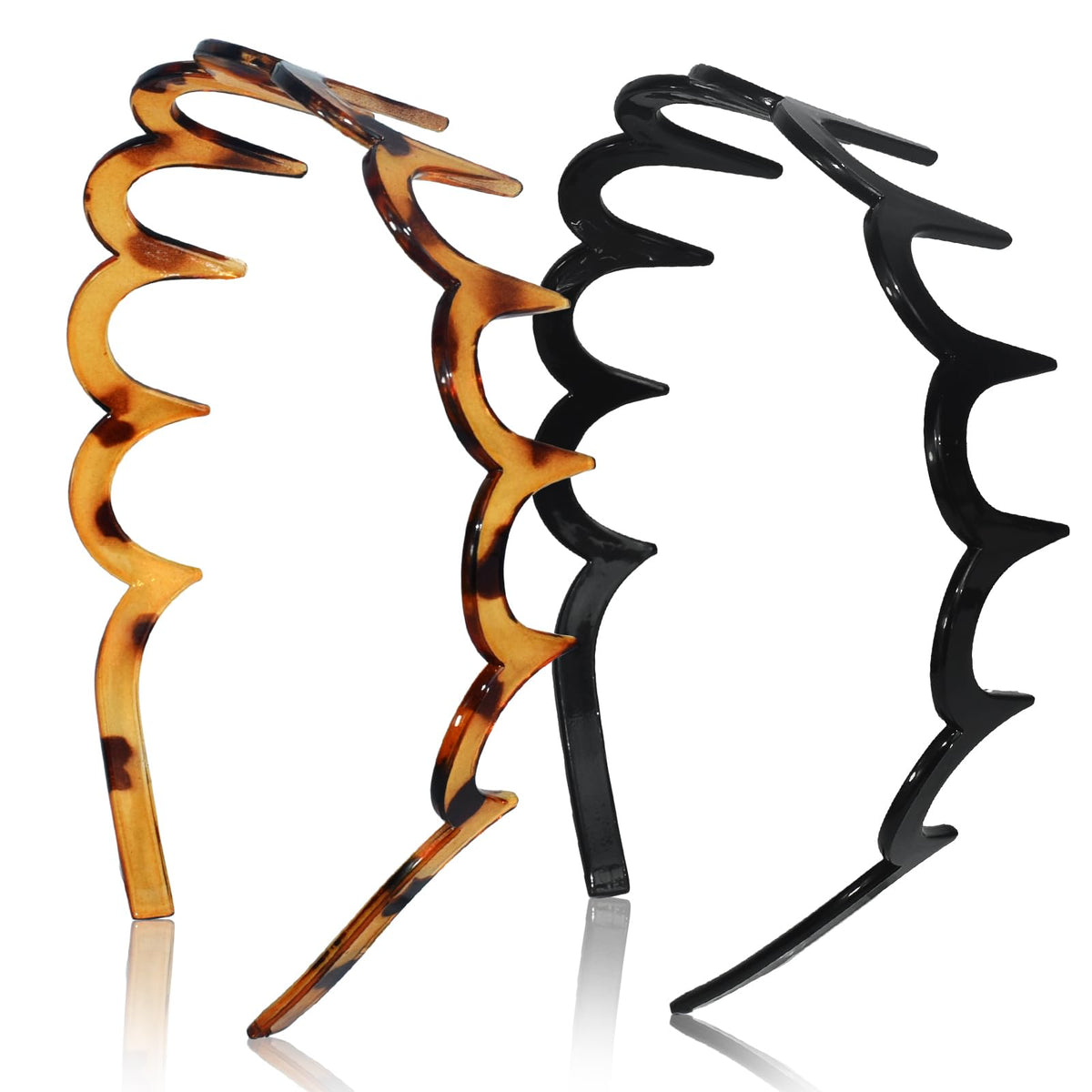 2026 Zigzag Headbands for Women, 2-Pack U-Shaped Hair Comb Headbands, Non-Slip Slick-Back Hair Accessories, Black & Tortoise Recycled Plastic, Teeth Hairband for Everyday Styling & Workout