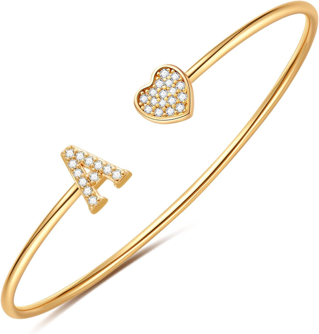 Gold Initial Bracelets for Women Girls, 14K Gold Plated Gold Bangle Bracelets for Women Girls Dainty Gold Initial Bracelets Heart Bracelets for Women Girls Bridesmaids Bracelets Gifts