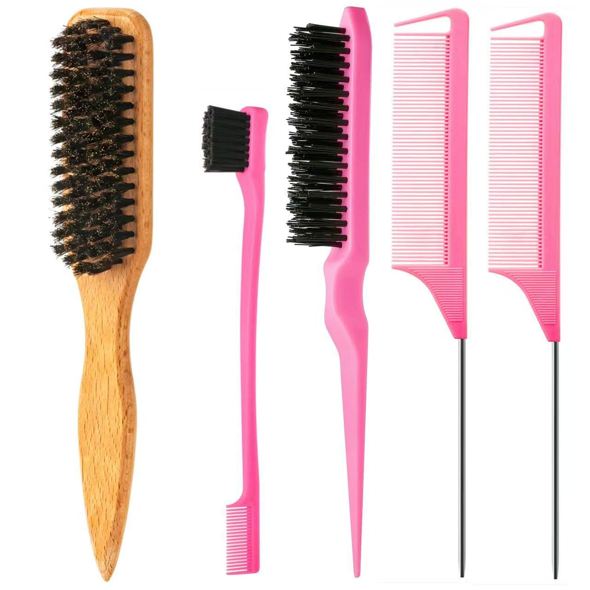 ZVOREI 8Pcs Hair Brushes Set with 4Pcs Topsy Hair Tail Tools 1Pcs Bristle Teasing Hair Brush 1Pcs Edge Control Brush 2Pcs Metal Pin Rat Tail Combs for Woman Girl Hair Styling,Edge&Back Brushing,Pink