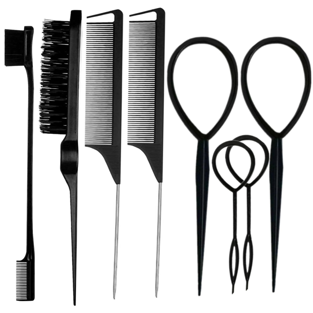 ZVOREI 8Pcs Hair Brushes Set with 4Pcs Topsy Hair Tail Tools 1Pcs Bristle Teasing Hair Brush 1Pcs Edge Control Brush 2Pcs Metal Pin Rat Tail Combs for Woman Girl Hair Styling,Edge&Back Brushing,Pink