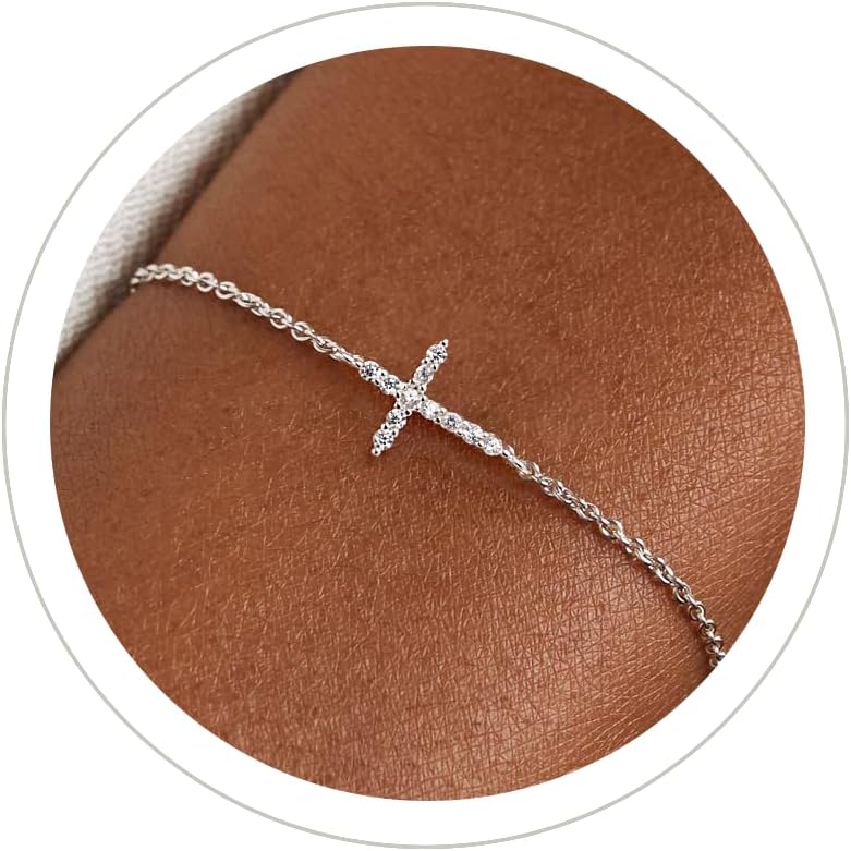 Moodear Cross Bracelet for Women, Dainty 925 Sterling Silver/14k Gold Plated CZ Chain Bracelets for Women Graduation Gift 2026 for Teen Religious Christian Basket Stuffers Jewelry